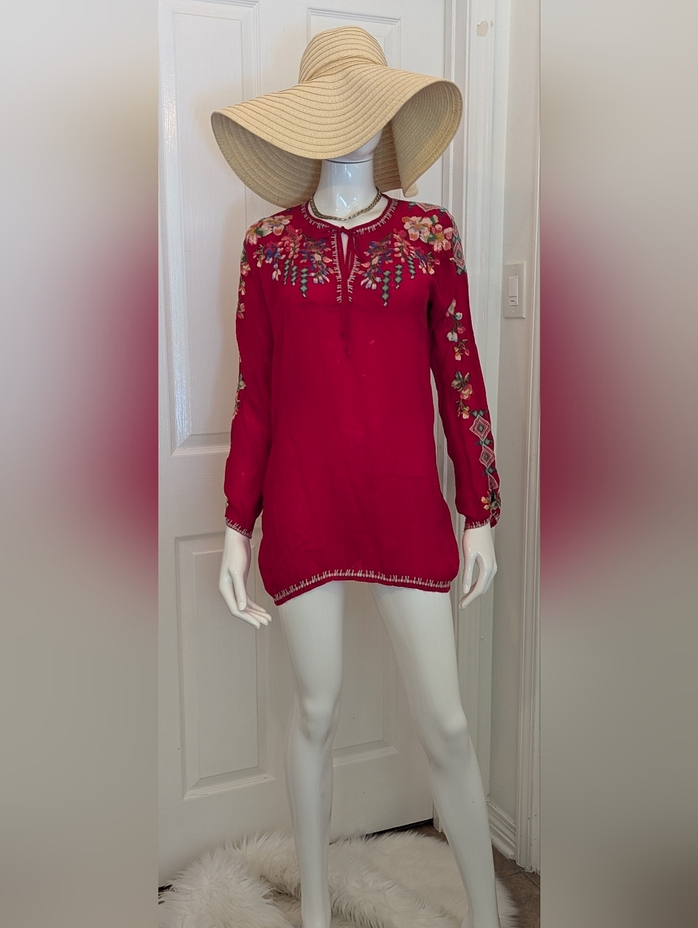 Johnny Was Raspberry Red Embroidered Boho Tunic Sp Resort Beach Ready
